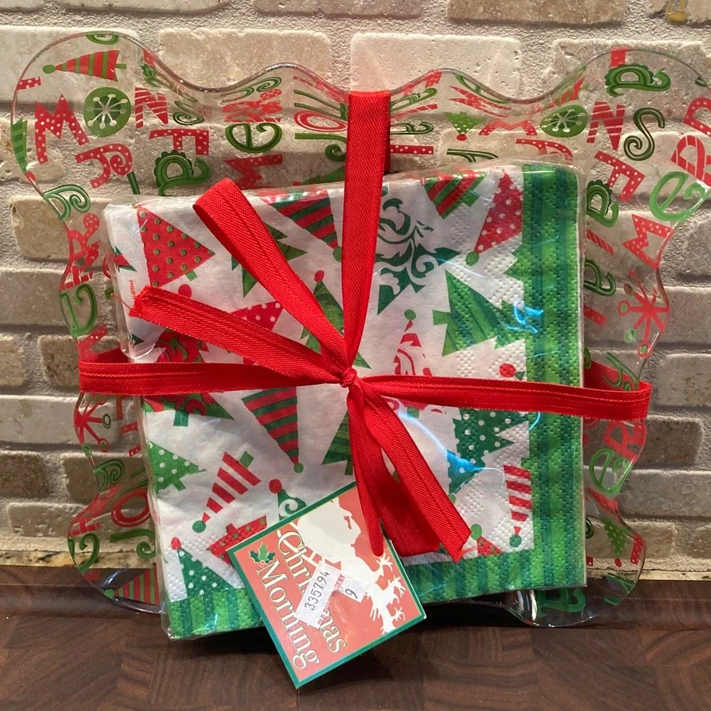 Festive Christmas Party Napkins Set with Red Ribbon